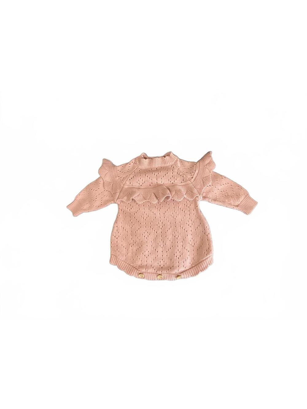 Vintage inspired, delicate & sweet blushPink Knit Baby Romper with Ruffle Detail